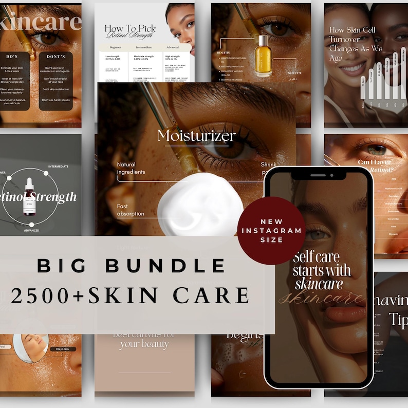 May include: A collage of skincare product images and informational graphics. The central image features a close-up of an eye with a moisturizer application. Text includes "BIG BUNDLE 2500+ SKIN CARE" and "self care starts with skincare".