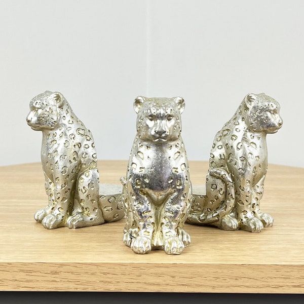 Animal Plant Pot Feet Risers Set of 3 Silver Snow Leopard Big Cat Ornament Figurines Statue