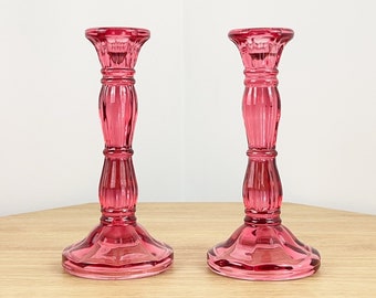 Set of 2 Bright Pink Coloured Glass 20cm Candle Holders Vintage Tapered Stick Wedding Table Decorations Home Decor Gift Boho Accessories