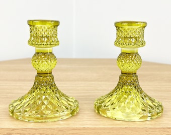 Set of 2 Bright Lime Coloured Glass Candle Holders Vintage Small Tapered Stick Wedding Table Decorations Home Decor Gift Boho Accessories