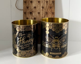 Set of 2 Metal Storage Tins Vintage Black & Gold Bees Kitchen Utensil Jars / Pen Pots / Desk Organisers / Make Brush / Plant Pot Covers