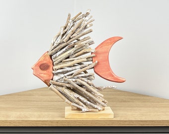 Large 32cm Tropical Wooden Fish Ornament Nautical Home Decor Sculpture Shoal Art Gift Beach Coastal Seaside Harbour Bathroom Shelf Sitter