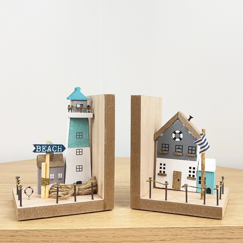 Wooden Nautical Lighthouse Bookends Ornament Sculpture Coastal Etsy UK