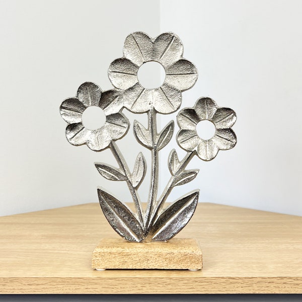 26.5cm Tall Flowers Ornament for Living Room Home Decor Accessories Decoration Metal Statue Silver Sculpture on Wooden Base Gift Accent
