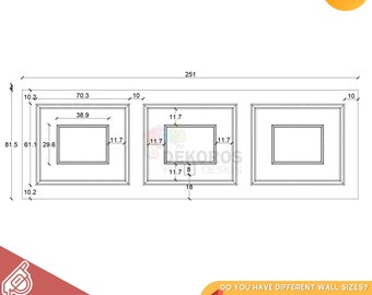 May include: A diagram of a pre-cut self-adhesive frame set. The set includes three frames with dimensions labeled in centimeters. The text "PRE-CUT SELF-ADHESIVE FRAME SET" is at the top. Additional text includes "MITER CORNER PRE-CUT" and "CUSTOMISE PLEASE CONTACT WITH US."