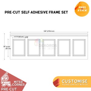 Op de afbeelding: Voorgesneden zelfklevende framesset met vijf rechthoekige openingen. Het frame is 276,8 cm breed en 60 cm hoog. De tekst "PRE-CUT SELF-ADHESIVE FRAME SET" staat bovenaan.