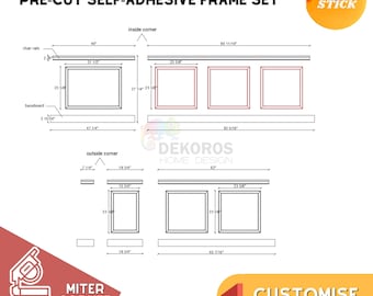 May include: Diagram showing how to use pre-cut self-adhesive frame sets to create a picture frame wall. The diagram shows the measurements for the frame pieces and the finished wall. The text "PRE-CUT SELF-ADHESIVE FRAME SET" is at the top of the diagram. The text "CUSTOMISE PLEASE CONTACT WITH US" is at the bottom of the diagram.