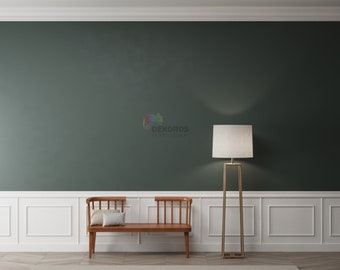 May include: A wooden bench with two cushions sits in front of a green wall with white wainscoting. A gold floor lamp with a white shade stands to the right of the bench.