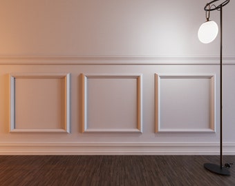 May include: A white wall with three panels and a black floor lamp with a white globe. The wall has a white wainscoting trim.