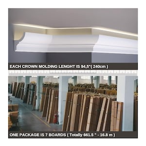 May include: White crown molding with a decorative profile, shown installed on a wall. The text indicates each molding length is 94.5 inches (240 cm). The image also shows a warehouse filled with packages of molding.