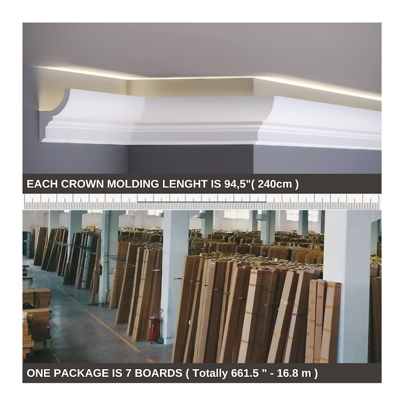 May include: White crown molding with a decorative profile, shown installed on a wall. The text indicates each molding length is 94.5 inches (240 cm). The image also shows a warehouse filled with packages of molding.