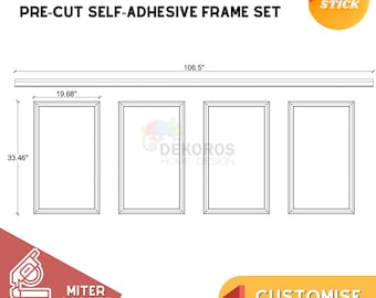 May include: A set of three pre-cut self-adhesive picture frames. The frames are 19.68 inches wide and 33.46 inches tall. The frames are designed to be used with a 106.5 inch long strip of molding. The frames have mitered corners and are pre-cut for easy assembly.