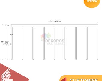 Könnte beinhalten: Eine technische Strichzeichnung eines Wandpaneelsystems mit vertikalen Lamellen. Die Gesamtbreite beträgt 339,09 cm und die Höhe 127,18 cm. Es besteht aus einer oberen horizontalen Leiste und neun vertikalen Lamellen. Text: PEEL & STICK, DEKOROS HOME DESIGN, PRE-CUT, CUSTOMISE.