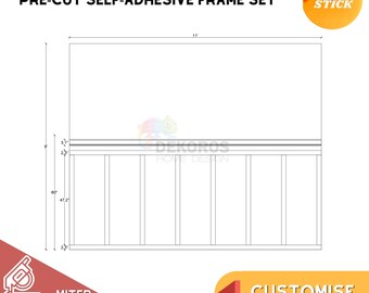 Op de afbeelding: Een lijntekening van een voorgeknipte, zelfklevende lijstset voor een foto van 152,4 cm bij 120 cm. De lijst bestaat uit vijf verticale delen en één horizontaal deel. De lijst is gelabeld met "PRE-CUT SELF-ADHESIVE FRAME SET".