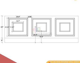 May include: A set of three pre-cut self-adhesive picture frames. The frames are 25.6 inches wide by 20.5 inches tall. The frames are peel and stick, making them easy to install. The frames are perfect for adding a touch of style to any room.