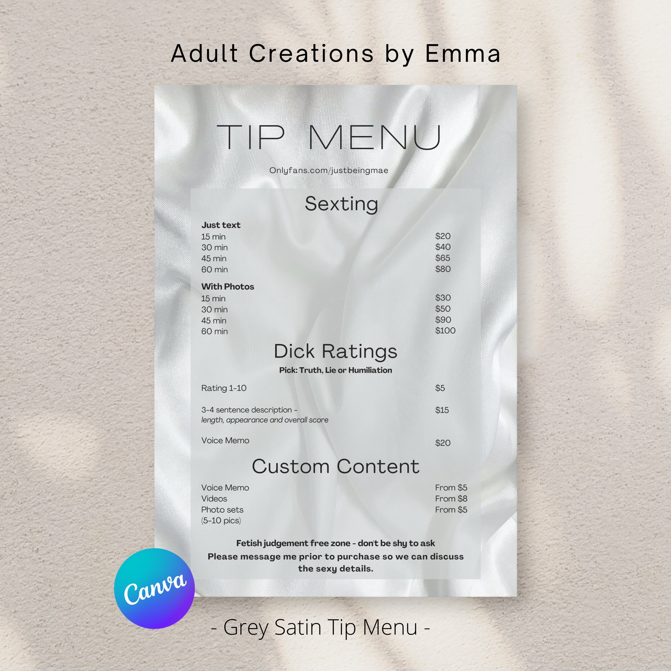 Tip Menu Template Onlyfans, Adult Websites CANVA Grey Satin - Etsy
