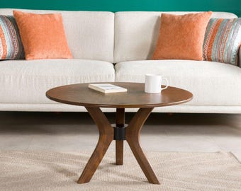 Small Round Coffee Table, Solid Beech Wood Pedestal Leg Coffe Table Furniture, Mid Century Modern End Side Tables