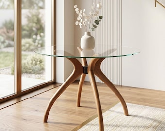 Solid Wood Pedestal Leg Glass Kitchen Table,  4-Legged Legs Glasses Dining Tables - Standart