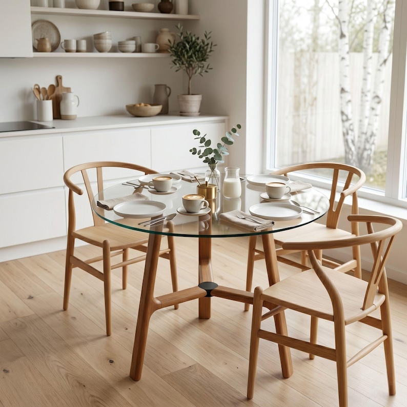 May include: A round glass-top dining table with a light-toned wooden base and three matching wooden chairs. The table is set with white plates, coffee cups on saucers, napkins, silverware, a glass vase with greenery, and a small pitcher of milk.