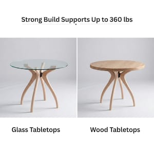 May include: Two round tables with unique wooden bases. One table has a clear glass top, and the other has a light-colored wood top. The text at the top says "Strong Build Supports Up to 360 lbs". Below the tables are the words "Glass Tabletops" and "Wood Tabletops".