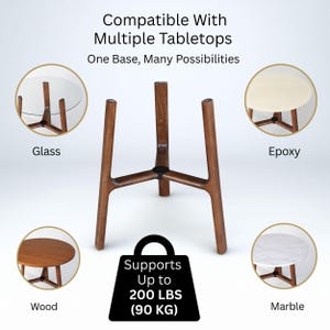 May include: A brown wooden tripod table base with three legs, featuring text that reads Compatible With Multiple Tabletops, One Base, Many Possibilities, and Supports Up to 200 LBS (90 KG), with circular insets showing glass, epoxy, wood, and marble tops.