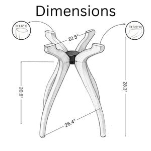 May include: A sketch of a table base with dimensions labeled in inches. The base is 28.3 inches tall, 26.4 inches wide, and 22.5 inches across the top. The text "Dimensions" is at the top.