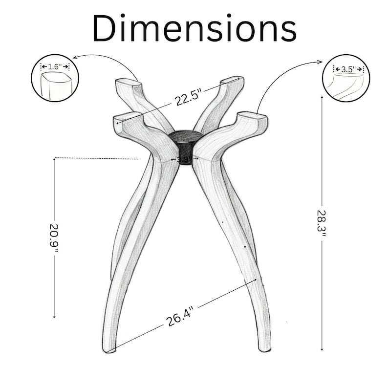 May include: A sketch of a table base with dimensions labeled in inches. The base is 28.3 inches tall, 26.4 inches wide, and 22.5 inches across the top. The text "Dimensions" is at the top.