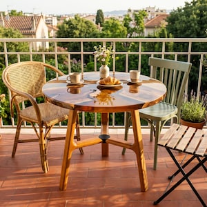 May include: A round wooden table with a glossy finish and three legs, accompanied by a woven rattan chair and a light green wooden chair. On the table sits a small vase with flowers, two ceramic mugs, and a plate holding a single croissant.