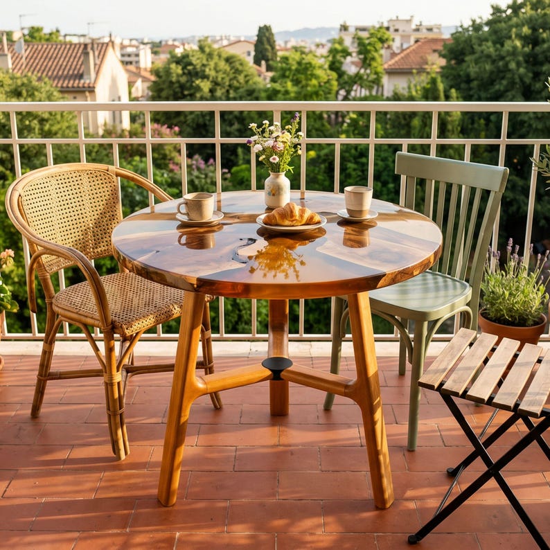 May include: A round wooden table with a glossy finish and three legs, accompanied by a woven rattan chair and a light green wooden chair. On the table sits a small vase with flowers, two ceramic mugs, and a plate holding a single croissant.