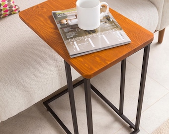 Narrow C Shape End Side Table: Slim Solid Pine Wood Coffee Table with Metal Leg