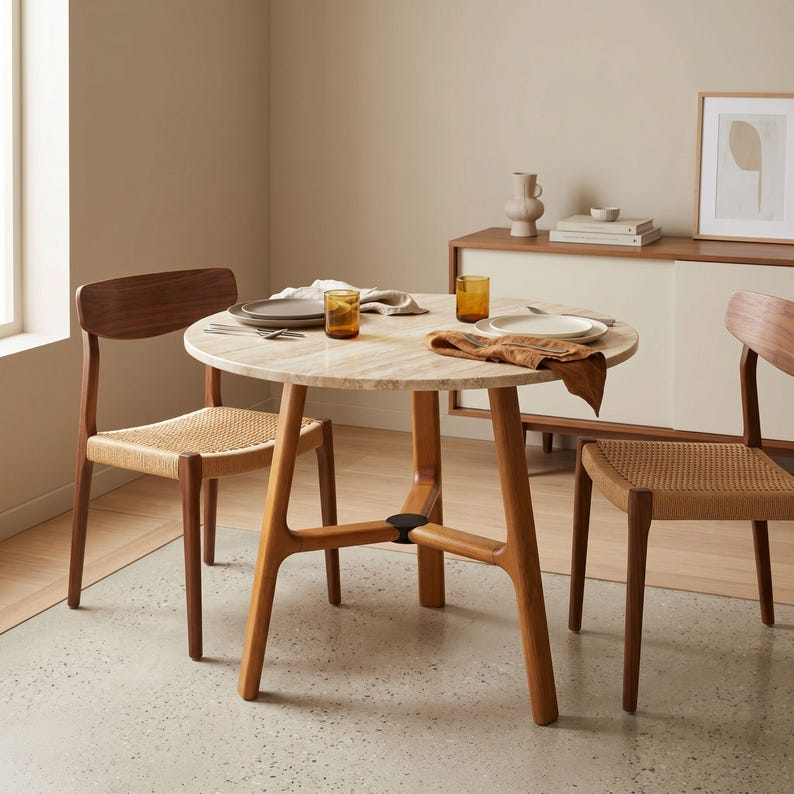 May include: A round dining table with a light-colored stone top and a wooden base, accompanied by two wooden chairs featuring woven seats. The table is set with plates, amber-colored glasses, and folded napkins, creating a functional dining arrangement.