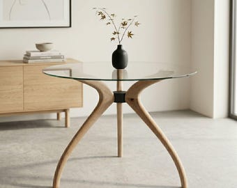 Glass Dining Table, Solid Wood Pedestal Leg Kitchen Table Base 3 or 4-Legged Legs Tables