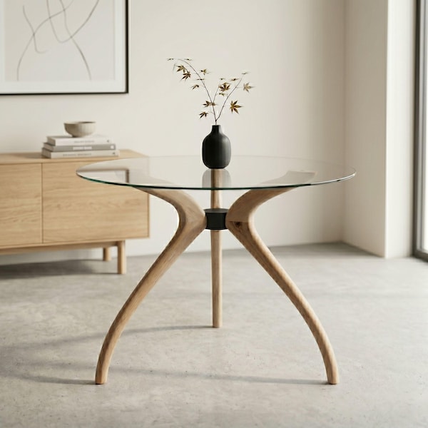 Glass Dining Table, Solid Wood Pedestal Leg Kitchen Table Base 3 or 4-Legged Legs Tables - Standart