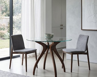 Glass Kitchen Table, Solid Wood Glasses Dining Table with 4-Legged Pedestal Legs Tables - Compact