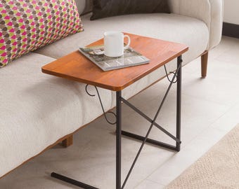 Metal Leg End Side Coffee Table, Solid Pine Wood Slim Small Table for Narrow Place