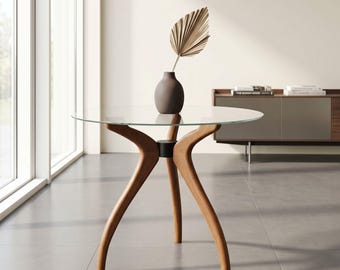 Glass Dining Table, Solid Wood Glass Kitchen Table with 3 or 4-Legged Pedestal Legs Tables - Compact