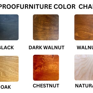 May include: Color chart showing six wood stain options for furniture. The options are Black, Dark Walnut, Walnut, Oak, Chestnut, and Natural.