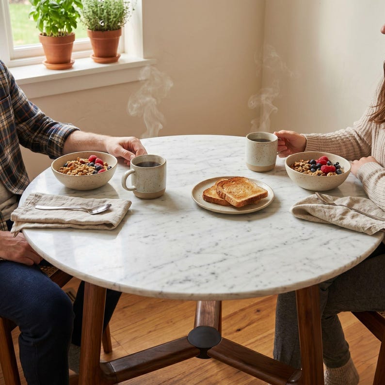 May include: A round white marble table with wooden legs featuring two speckled ceramic bowls filled with granola and berries, two matching ceramic mugs with steaming hot beverages, and a small plate holding two slices of toasted bread.