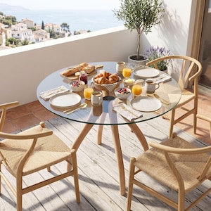 Glass Kitchen Table, Solid Wood Glas Top Dining Tables with  Pedestal Legs - Compact