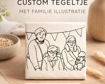 Gepersonaliseerd Familie Tegeltje met Lijntekening | Uniek Cadeau Gezin  | Custom Illustratie