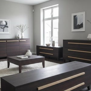 Puede incluir: Un salón moderno con muebles de madera marrón oscuro. La habitación incluye una mesa de centro, una consola de medios larga y varios armarios con tiradores de color claro. Las paredes están pintadas de gris claro y el suelo es de madera oscura.