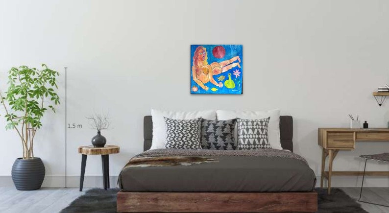 Nude Woman Sunbathing on the Beach Oil Painting on Canvas Ukrainian Naive Avant-garde Home