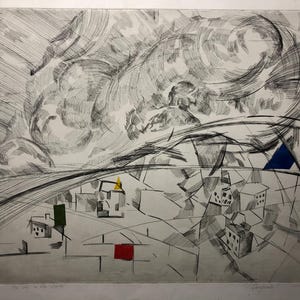 May include: Black and white abstract print of a city with a swirling sky above. The print features geometric shapes and lines, with pops of yellow, red, and blue.