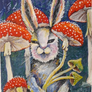 Hase und Fliegenpilz Pilze Nature Magic original Aquarell Malerei