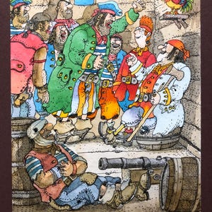 Piratas de la isla del tesoro en el fuerte Pintura original en acuarela Arte de pared Radna Sahaltuev tamaño en marco 25 x 30 cm o 9,8 x 11,8 pulgadas