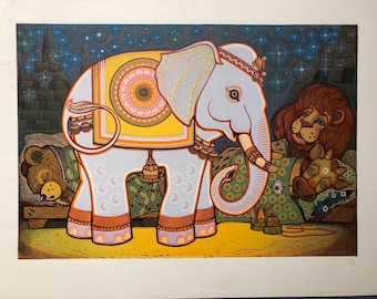 Elefante indio, obra de arte original en color, linograbado, arte mural vintage, década de 1980, arte popular tradicional ucraniano ingenuo, 15,7 x 11,8 pulgadas o 40 x 30 cm