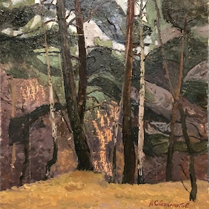 Paisagem florestal de Anatoly Svetlakov Arte de parede vintage Pintura original Óleo sobre papelão Decoração para casa 47 x 49,5 cm ou 18,5 x 19,3 polegadas