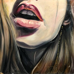 Rosto de menina Beijo no ar Retrato contemporâneo vintage Pintura original Acrílico sobre papelão Arte laqueada 40,5 x 40,5 cm ou 15,8 х 15,8 polegadas