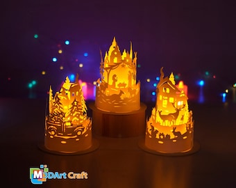 Set 3 Christmas Lanterns - Paper Cut Lamp For Christmas - SVG for Cricut Projects Ideas Christmas - Christmas Paper Lanterns Diy paper lamp