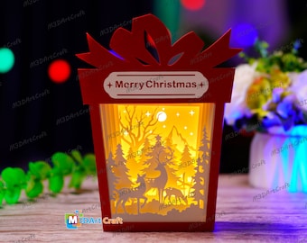 Herten familie kerstcadeau doos lantaarns Shadow Box SVG-sjablonen - DIY kerstdoos Lighbox - hertenpapier gesneden voor Kerstmis